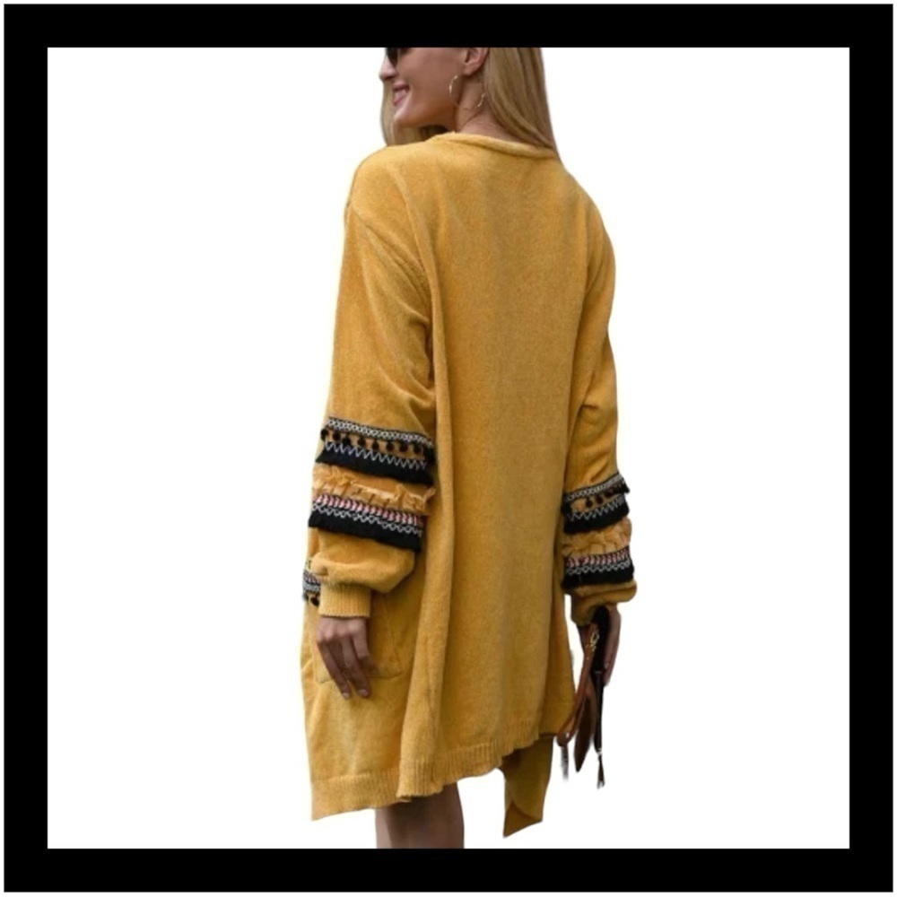 Yellow cardigan sweater puff sleeve casual long knit pockets soft sweater M